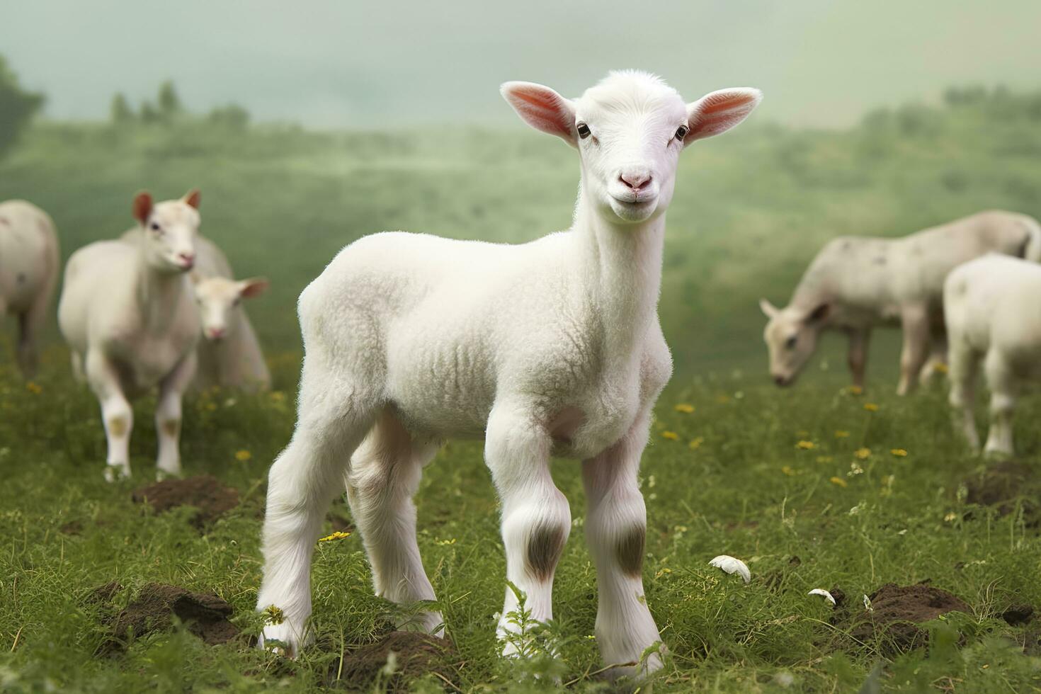 AI generated White lamb in a field in front of other animals. Generative AI photo