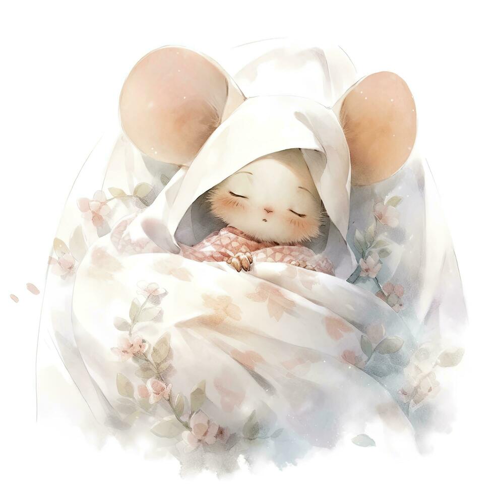 ai generado un soñoliento bebé ratón en un lecho, acuarela ilustración. ai generado foto