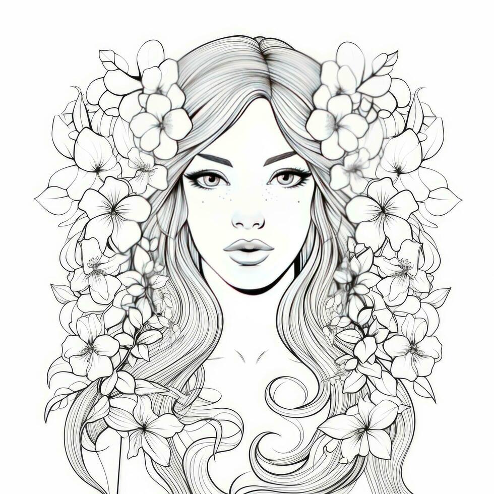 AI generated A girl on a coloring book page with Jasmine flowers. AI Generated photo