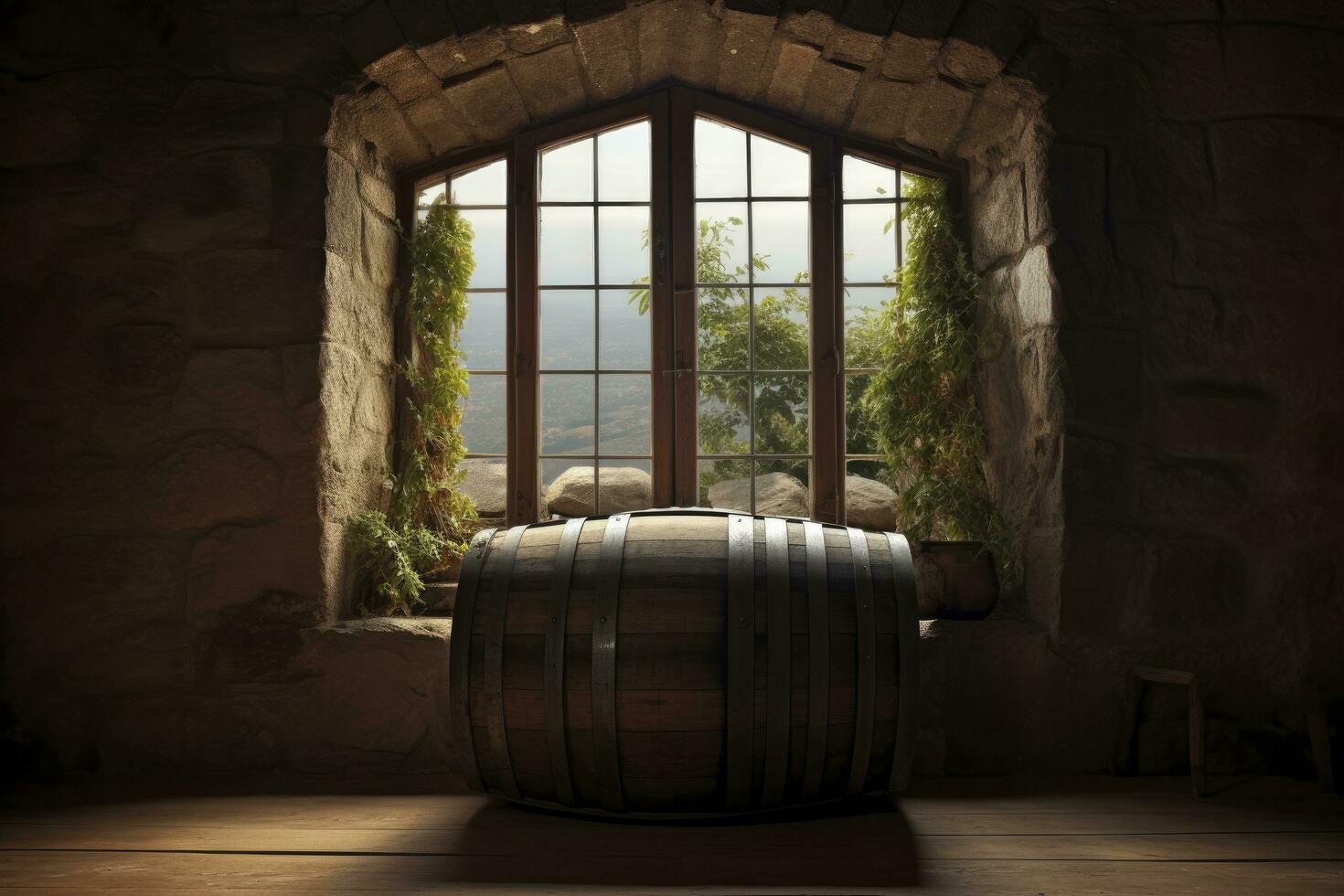 AI generated Barrel in an ancient castle beside the window. AI Generated photo