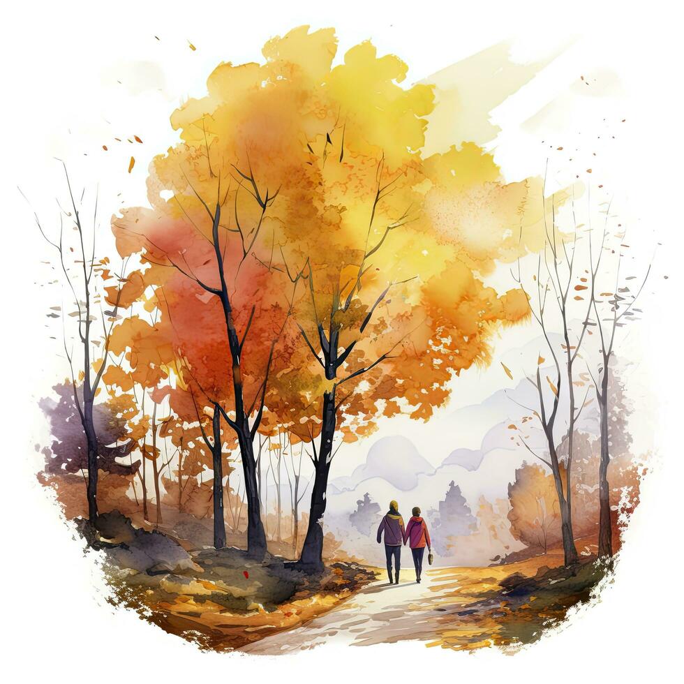 AI generated Watercolor autumn landscape with a couple walking. AI Generated photo