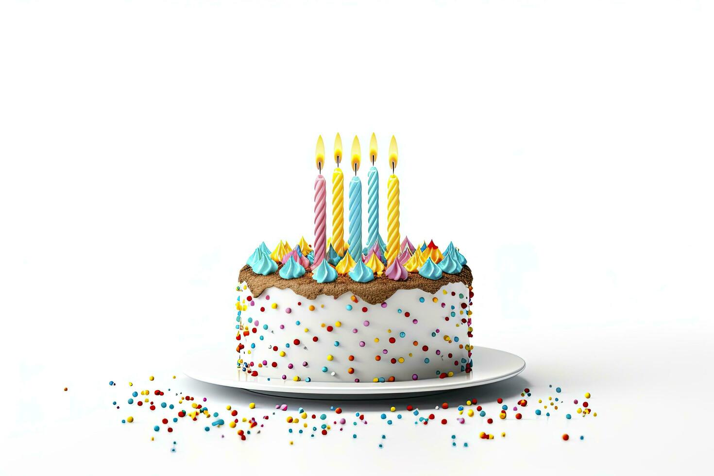 AI generated Colourful birthday cake with candles isolated on white background. AI Generated photo