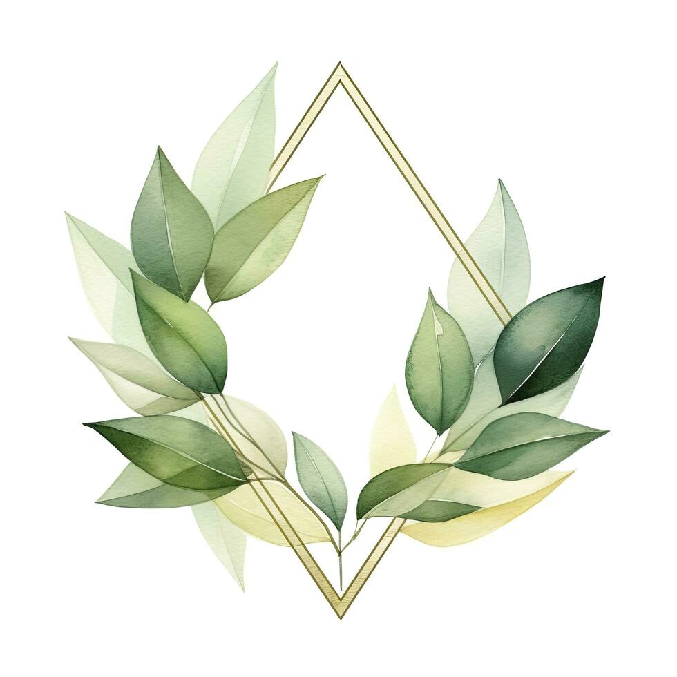 AI generated Watercolor geometry shape wreath with green leaf. AI Generated photo