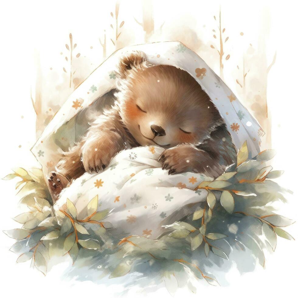 AI generated A sleepy baby bear in a bedding. watercolor illustration. AI Generated photo