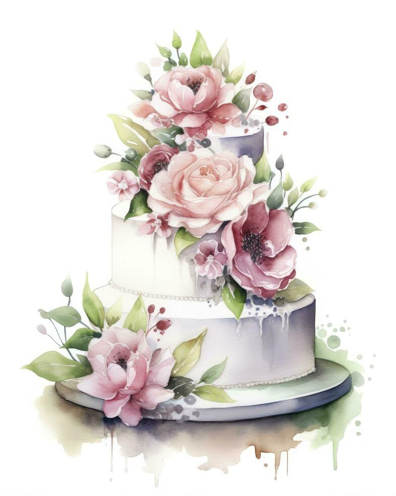 AI generated Watercolor wedding cake isolated on white background.  AI Generated photo