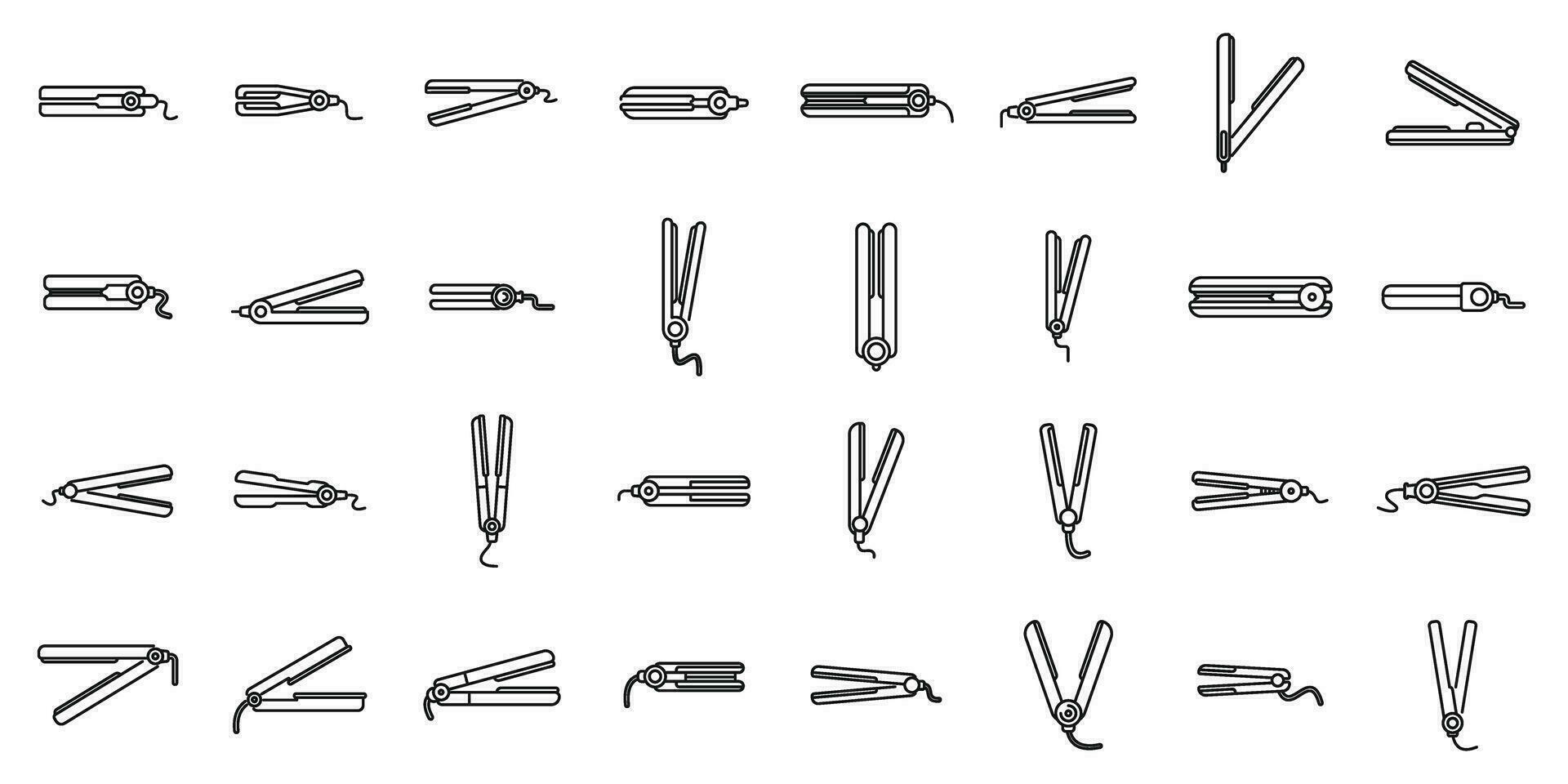 Hair straightener icons set outline vector. Salon iron hair vector