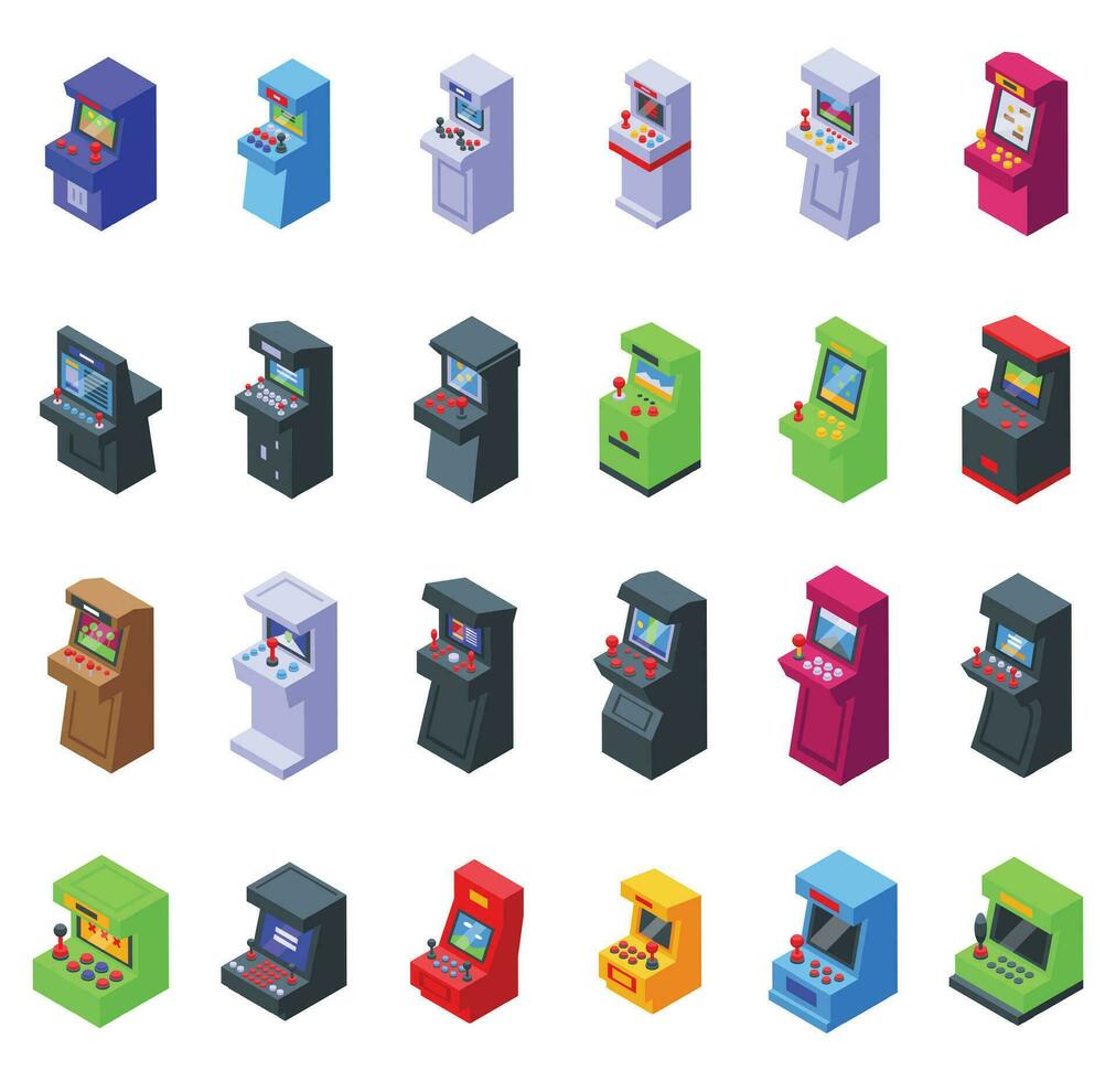 retro arcada vídeo juego pantalla máquina íconos conjunto isométrica vector. computadora consola vector