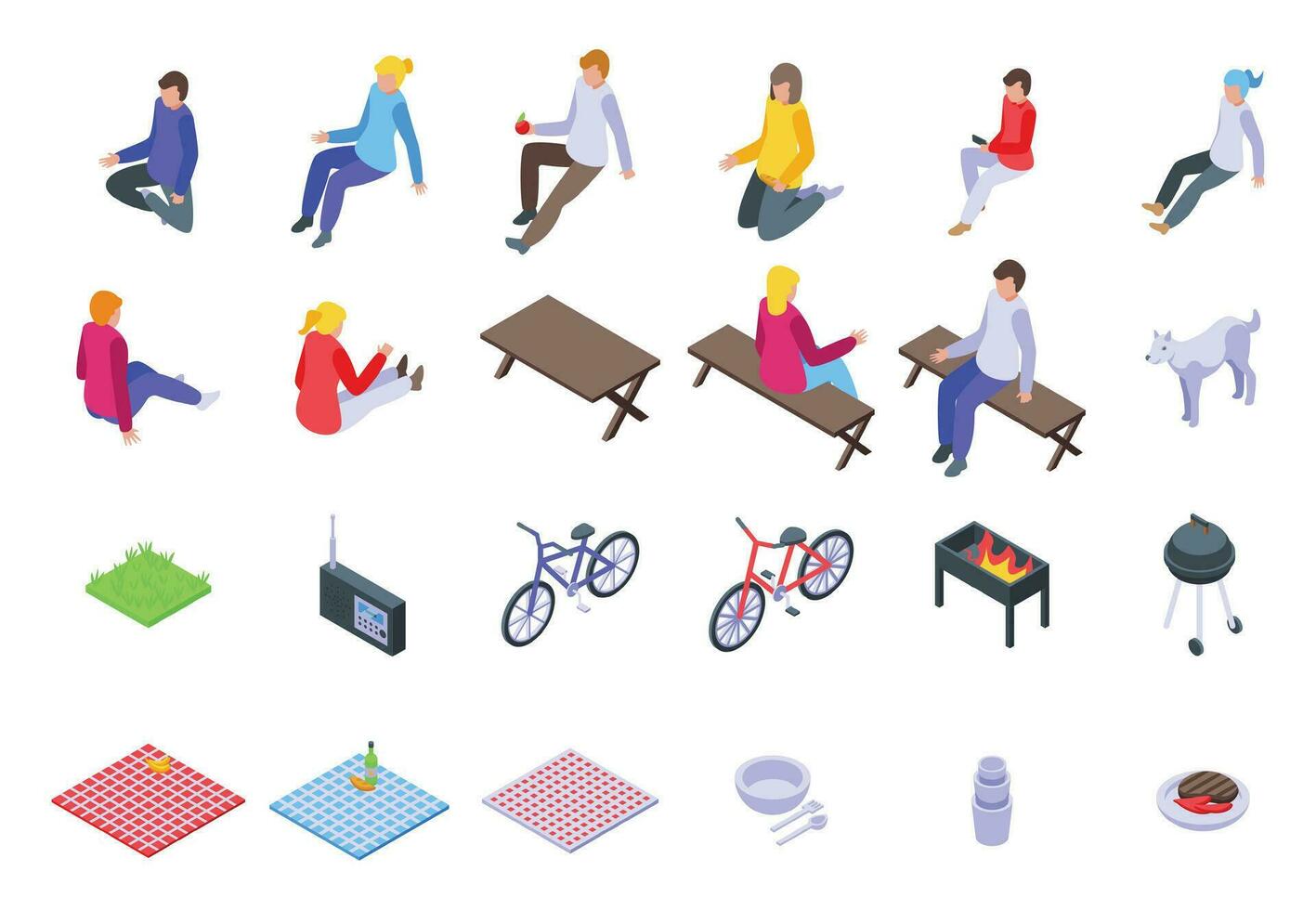 Picnic city park icons set isometric vector. Dinner served vector