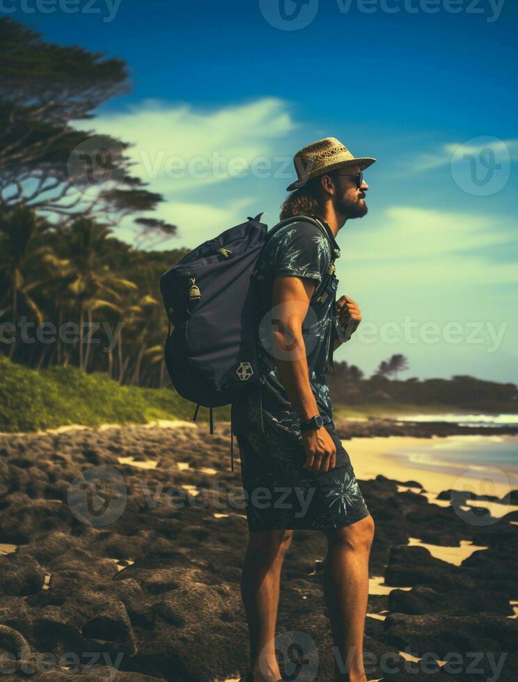 AI generated a photograph of traveler or backpaker in the beach with a many style and many angle photo