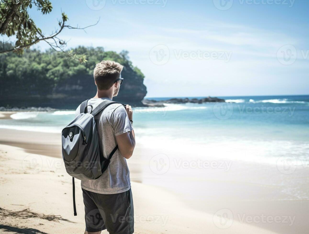 AI generated a photograph of traveler or backpaker in the beach with a many style and many angle photo