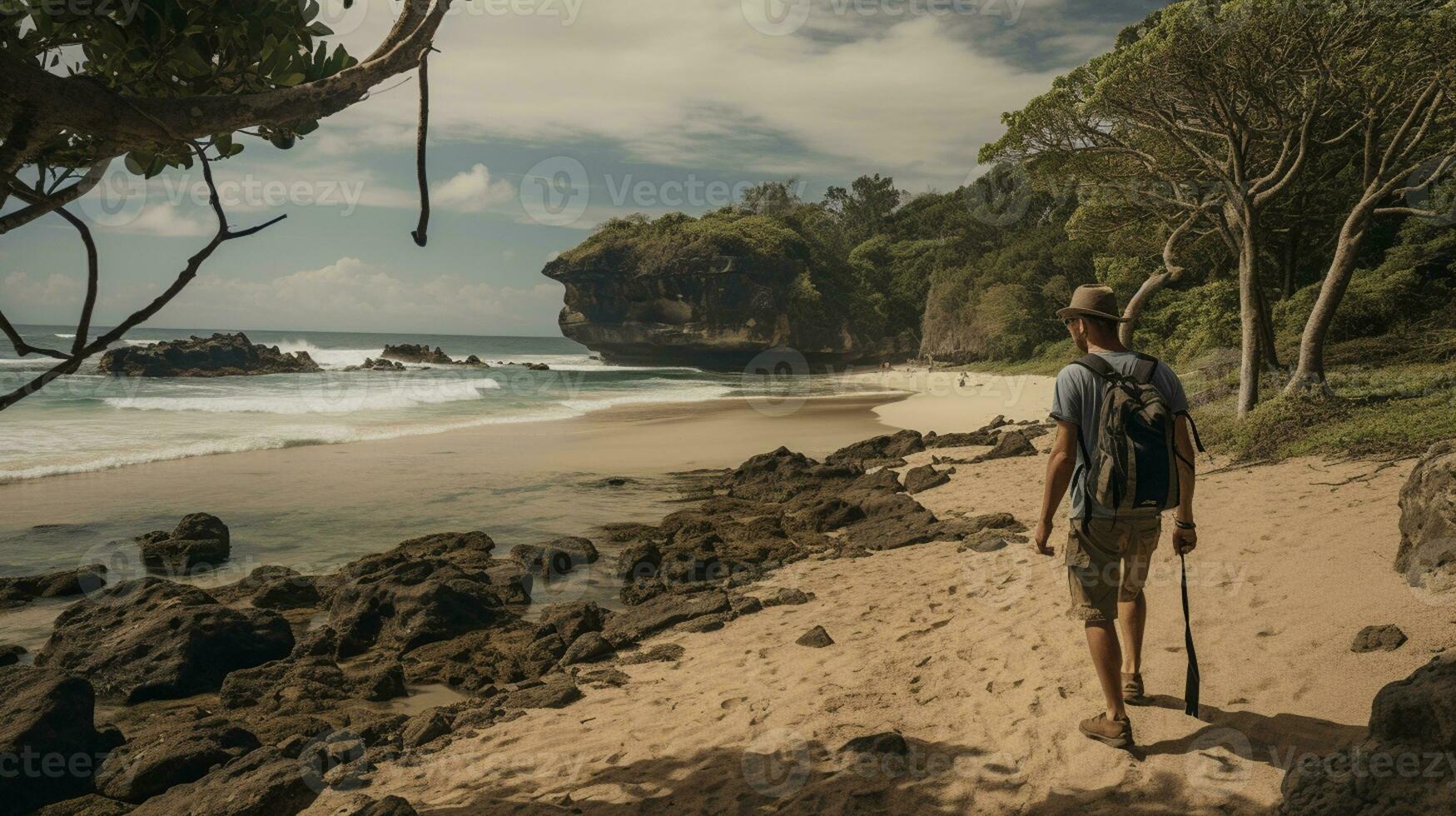 AI generated a photograph of traveler or backpaker in the beach with a many style and many angle photo
