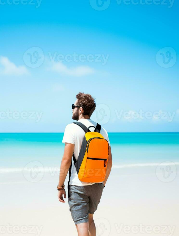 AI generated a photograph of traveler or backpaker in the beach with a many style and many angle photo