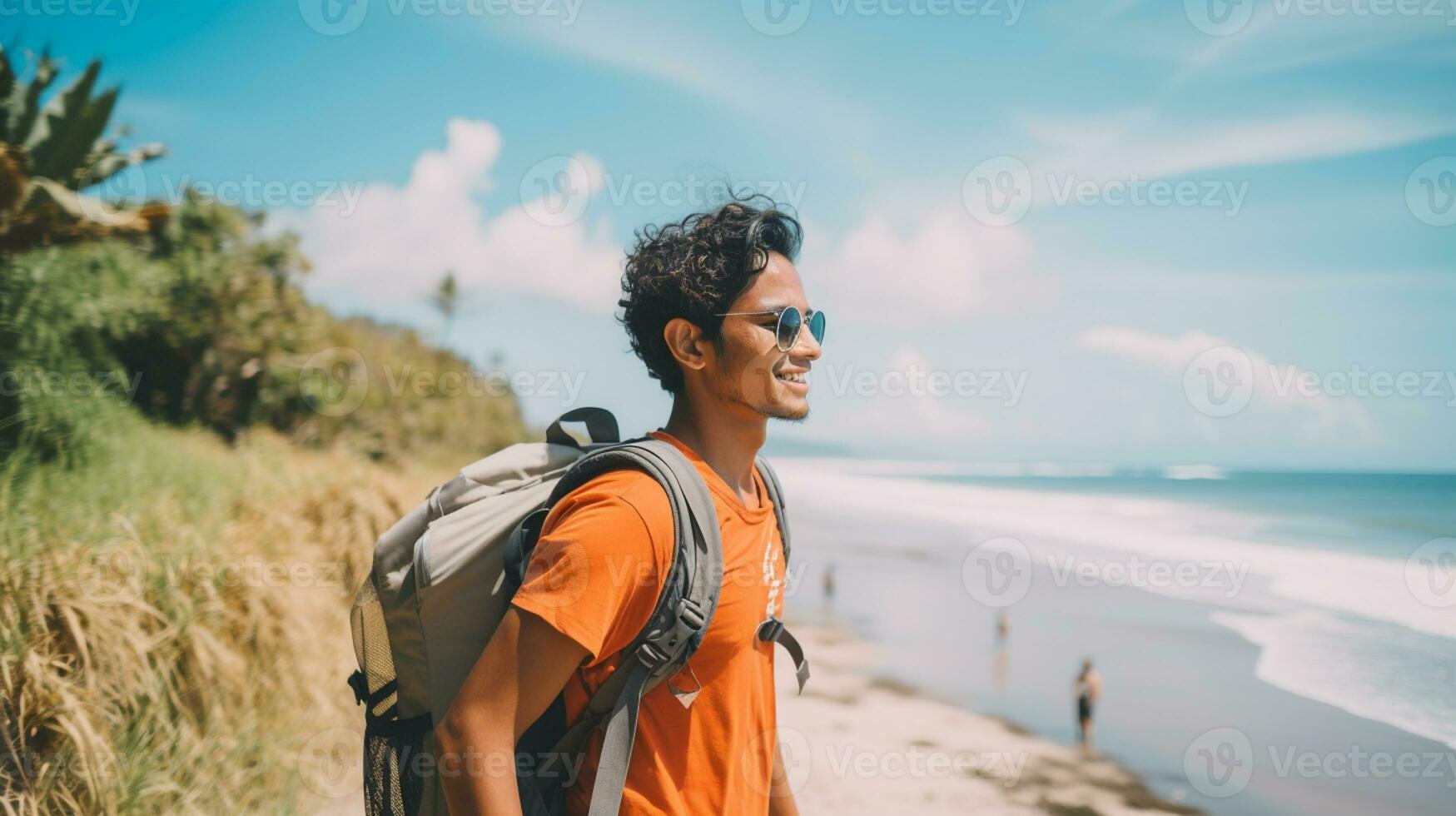 AI generated a photograph of traveler or backpaker in the beach with a many style and many angle photo