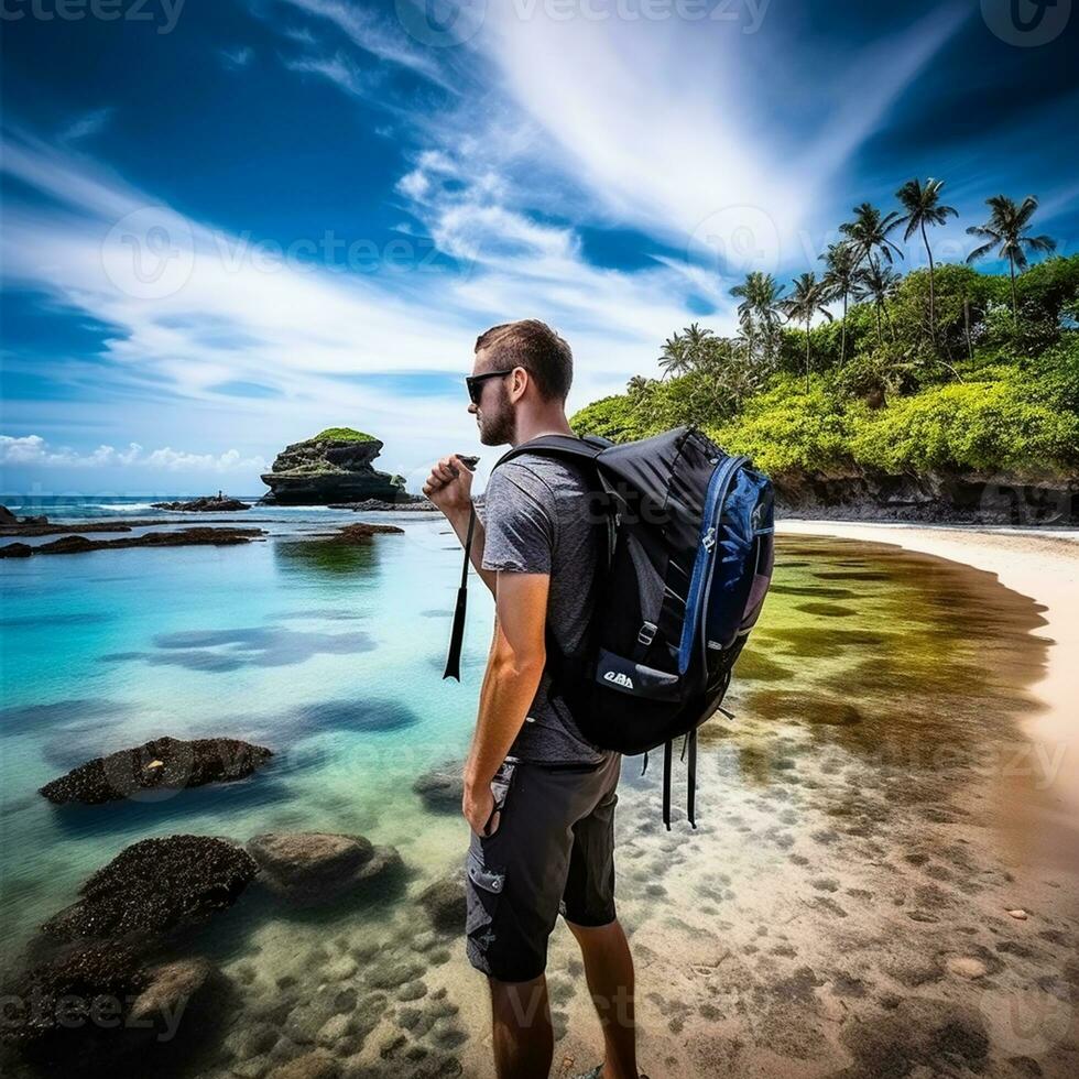 ai generado un fotografía de viajero o mochilero en el playa con un muchos estilo y muchos ángulo foto