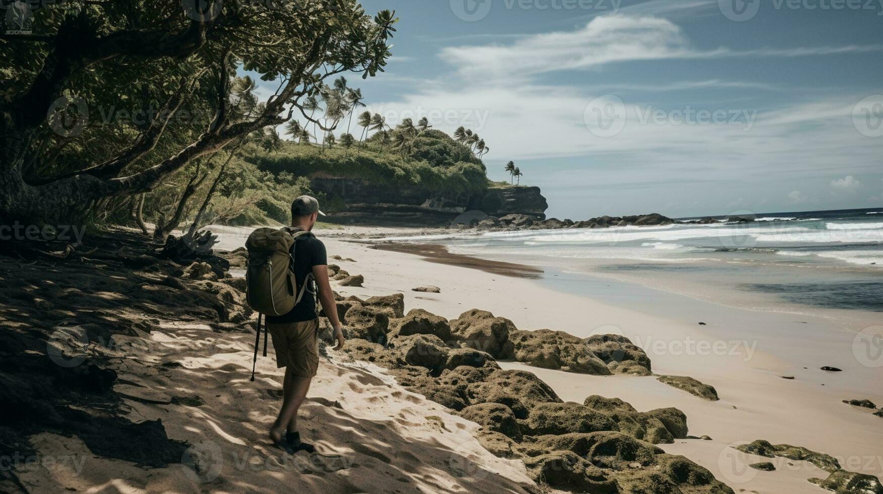 AI generated a photograph of traveler or backpaker in the beach with a many style and many angle photo