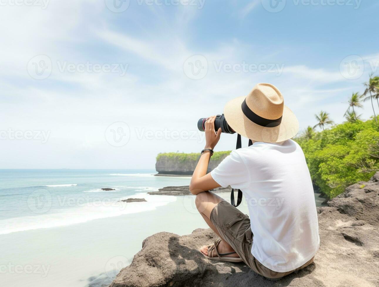 ai generado un fotografía de viajero o mochilero en el playa con un muchos estilo y muchos ángulo foto