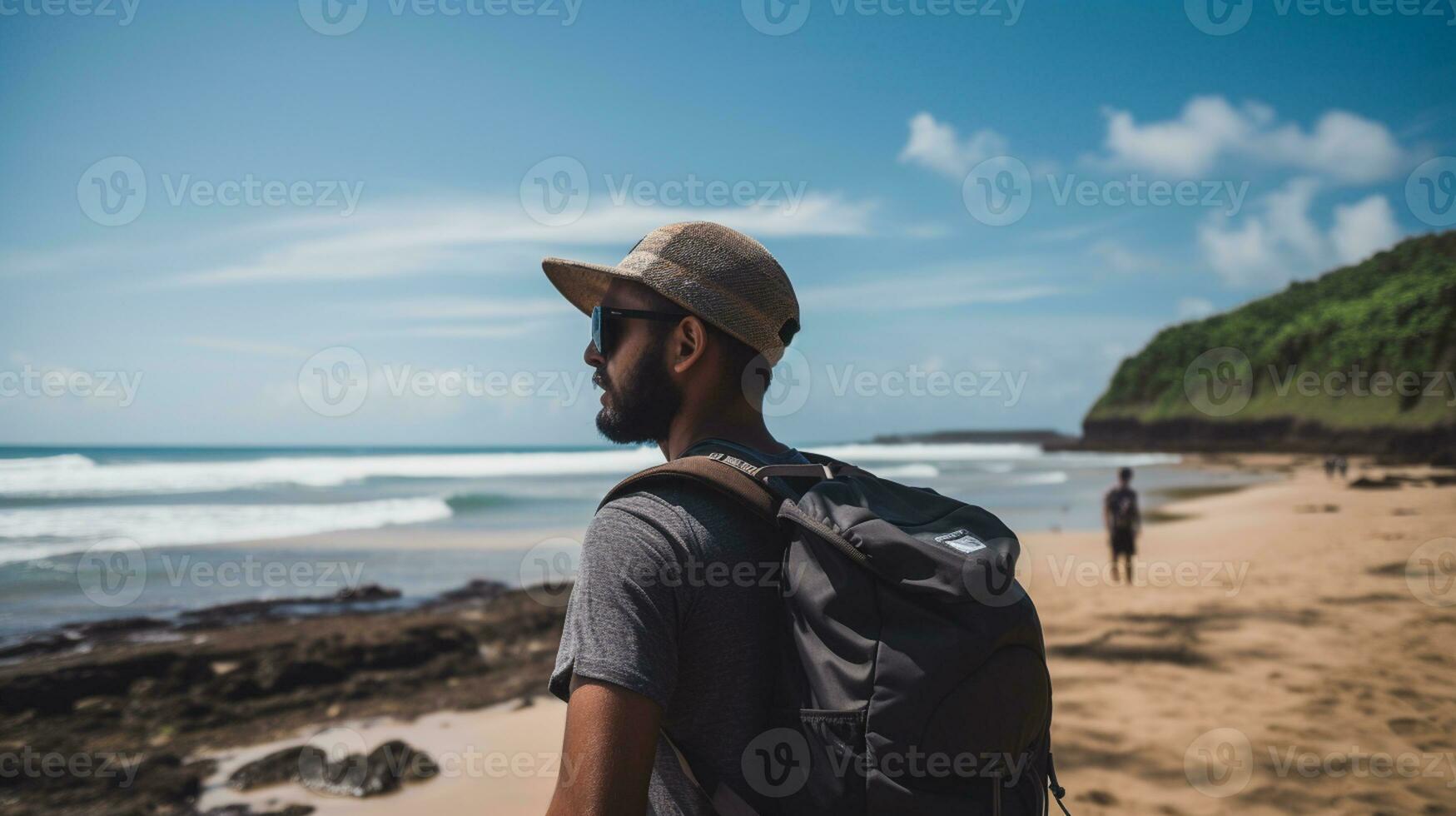 AI generated a photograph of traveler or backpaker in the beach with a many style and many angle photo