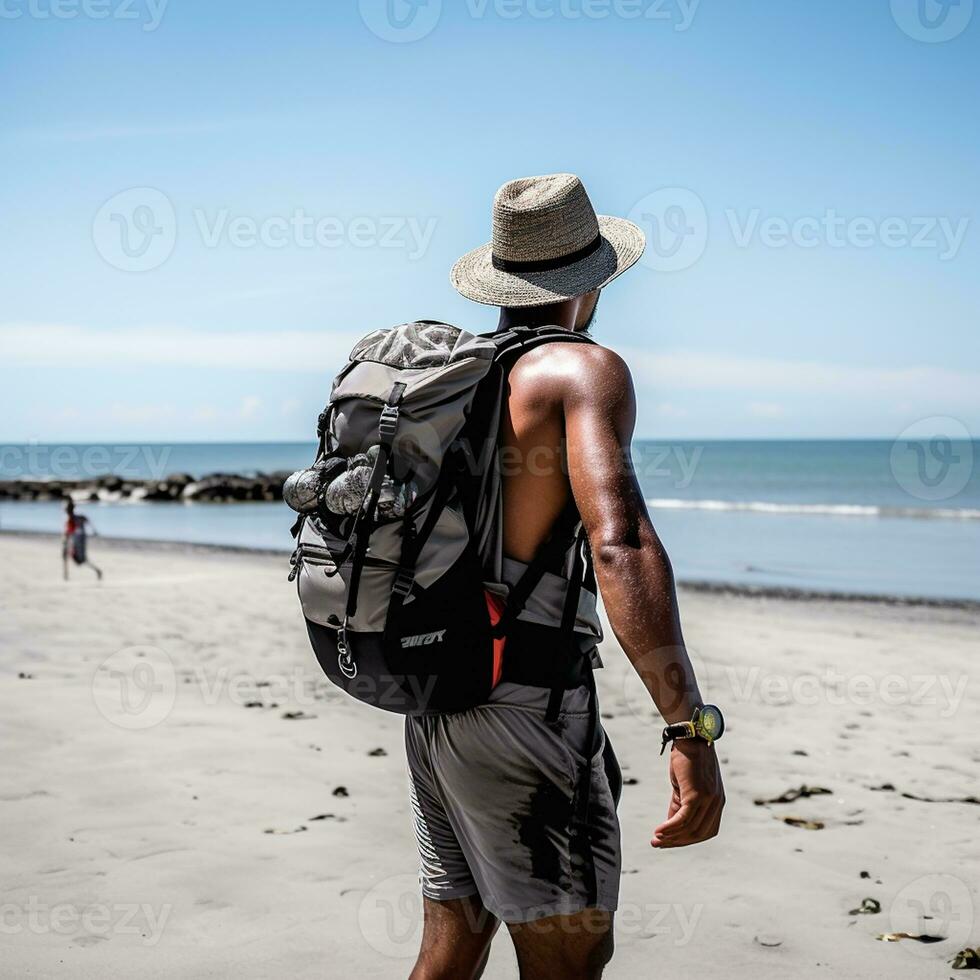 ai generado un fotografía de viajero o mochilero en el playa con un muchos estilo y muchos ángulo foto