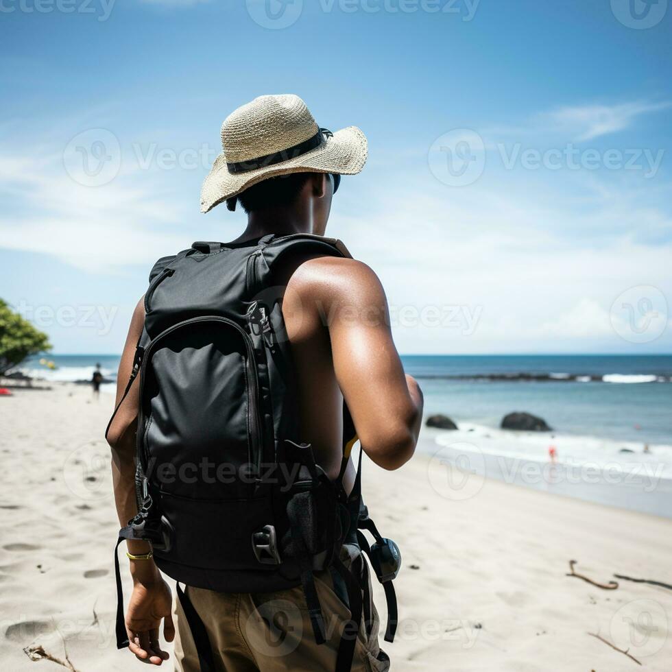 AI generated a photograph of traveler or backpaker in the beach with a many style and many angle photo