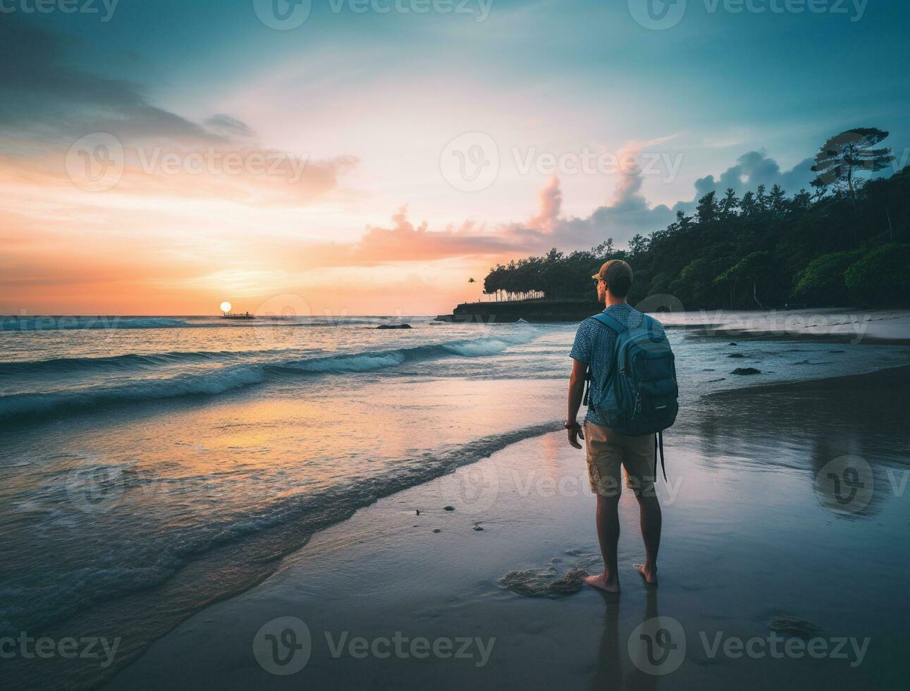 AI generated a photograph of traveler or backpaker in the beach with a many style and many angle photo