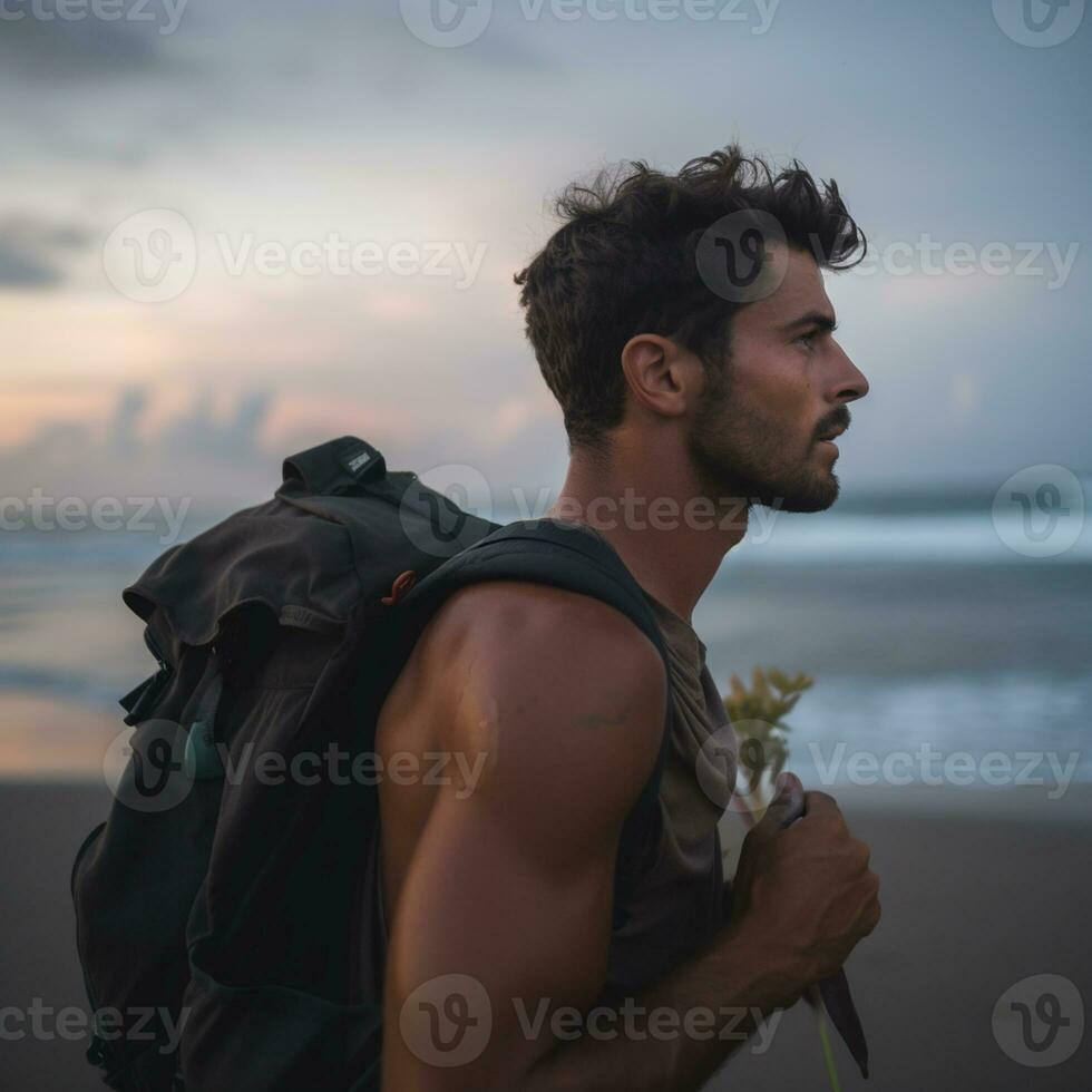 AI generated a photograph of traveler or backpaker in the beach with a many style and many angle photo