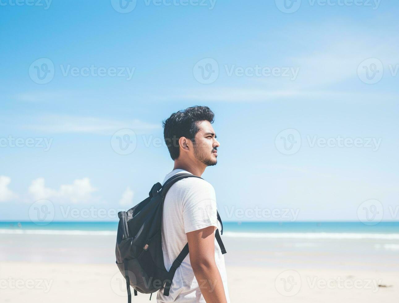 AI generated a photograph of traveler or backpaker in the beach with a many style and many angle photo