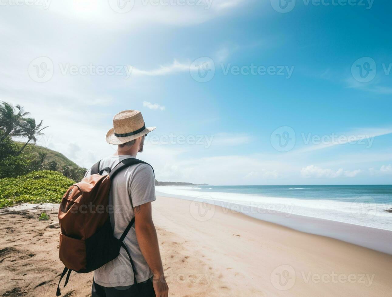 AI generated a photograph of traveler or backpaker in the beach with a many style and many angle photo