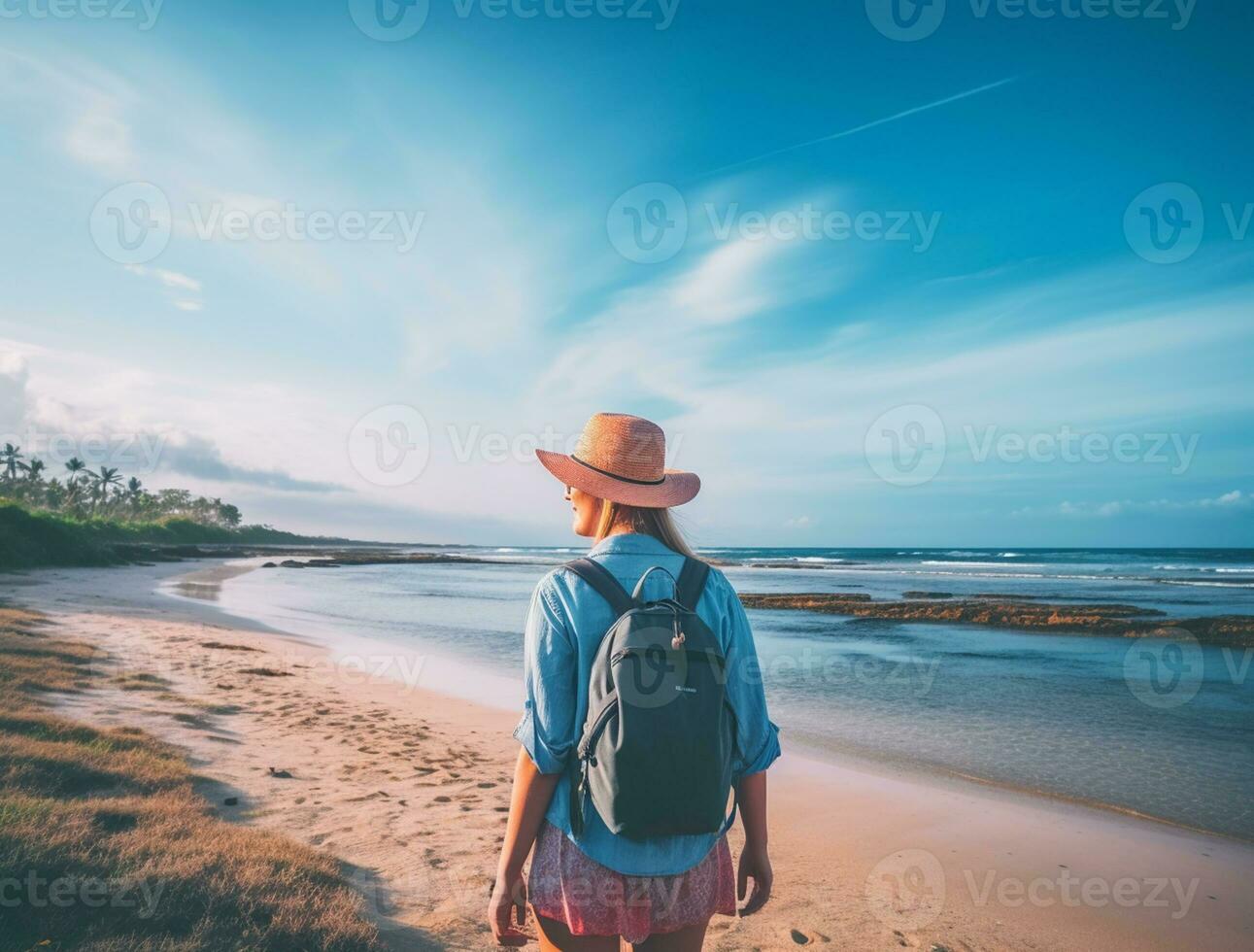 AI generated a photograph of traveler or backpaker in the beach with a many style and many angle photo