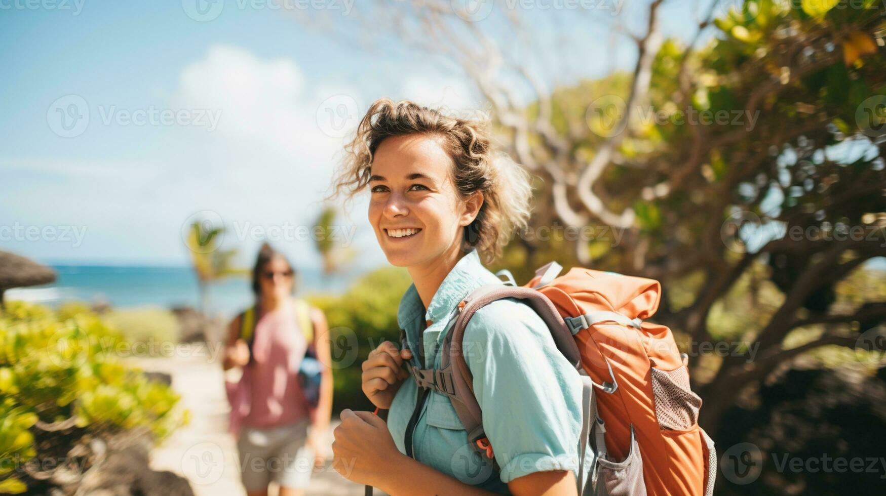 AI generated a photograph of traveler or backpaker in the beach with a many style and many angle photo