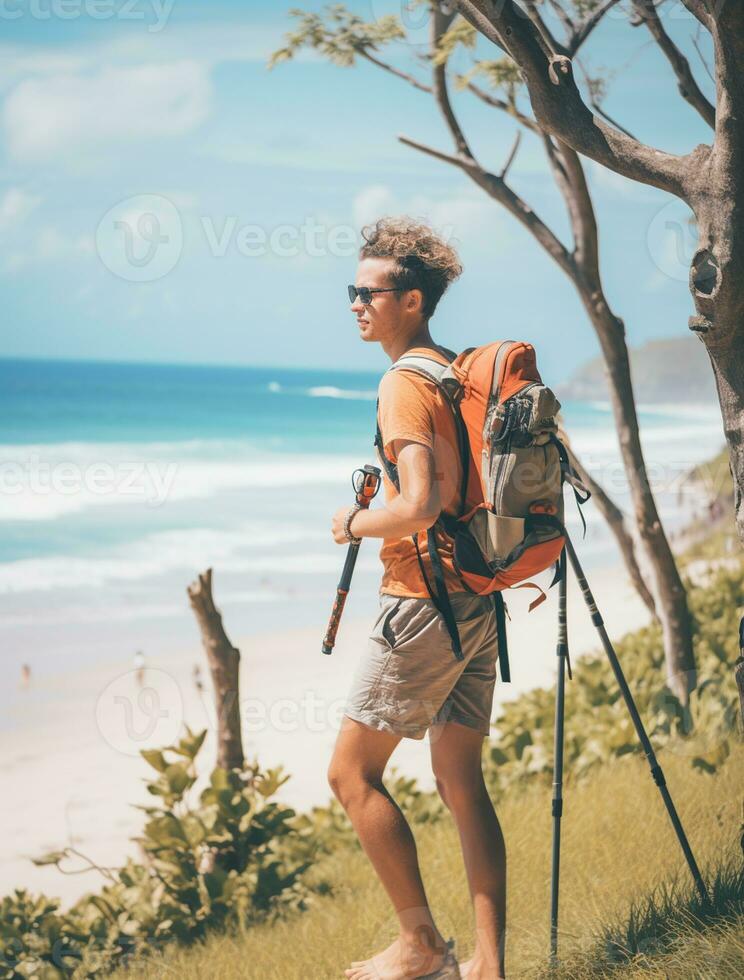 AI generated a photograph of traveler or backpaker in the beach with a many style and many angle photo