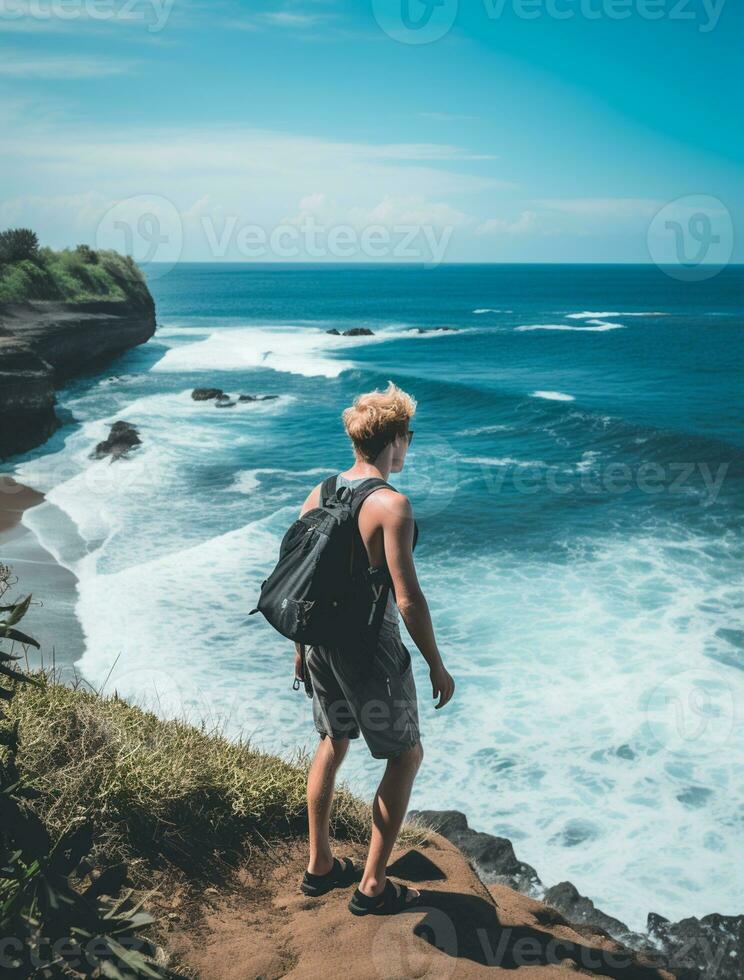 AI generated a photograph of traveler or backpaker in the beach with a many style and many angle photo