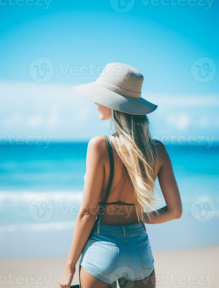 AI generated a photograph of traveler or backpaker in the beach with a many style and many angle photo