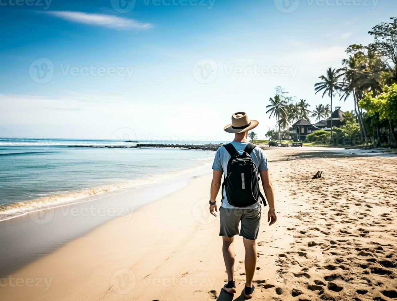 AI generated a photograph of traveler or backpaker in the beach with a many style and many angle photo