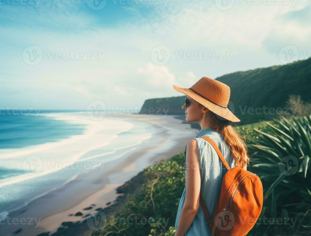 AI generated a photograph of traveler or backpaker in the beach with a many style and many angle photo