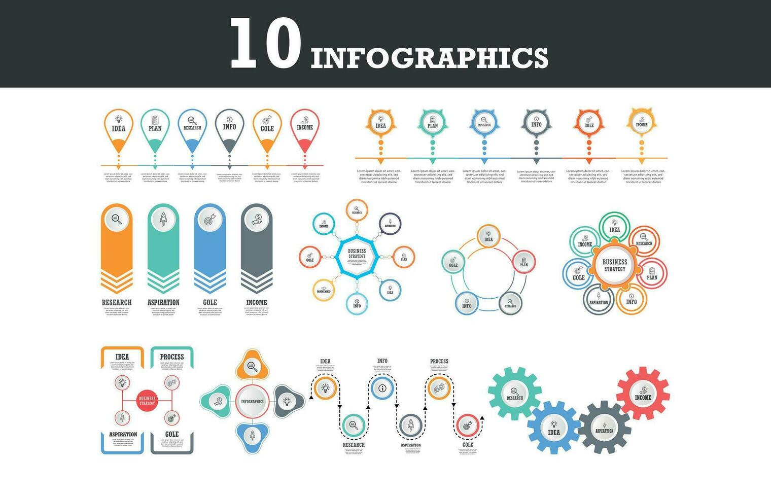 The Biggest Infographics Bundle Ever - includes 10  presentation infographics template Sets. vector