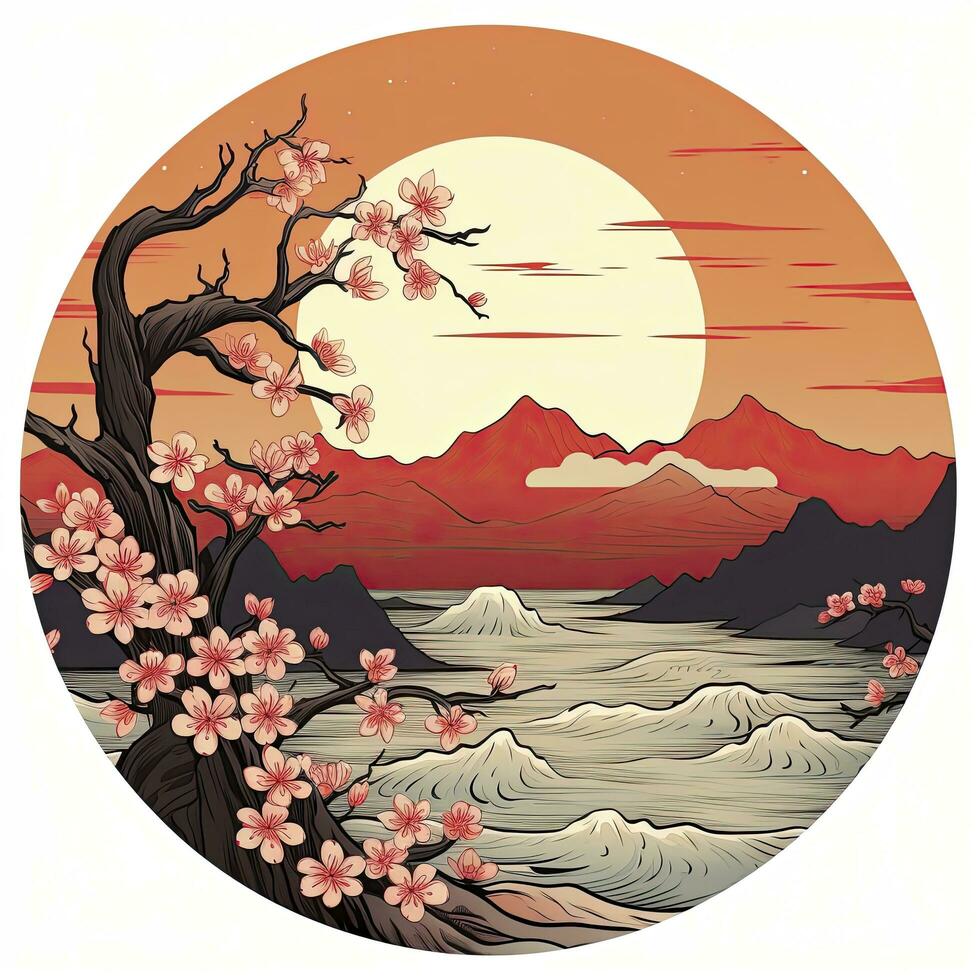 AI generated Cherry blossoms in the sunset background. Japanese tattoo style. AI Generated photo