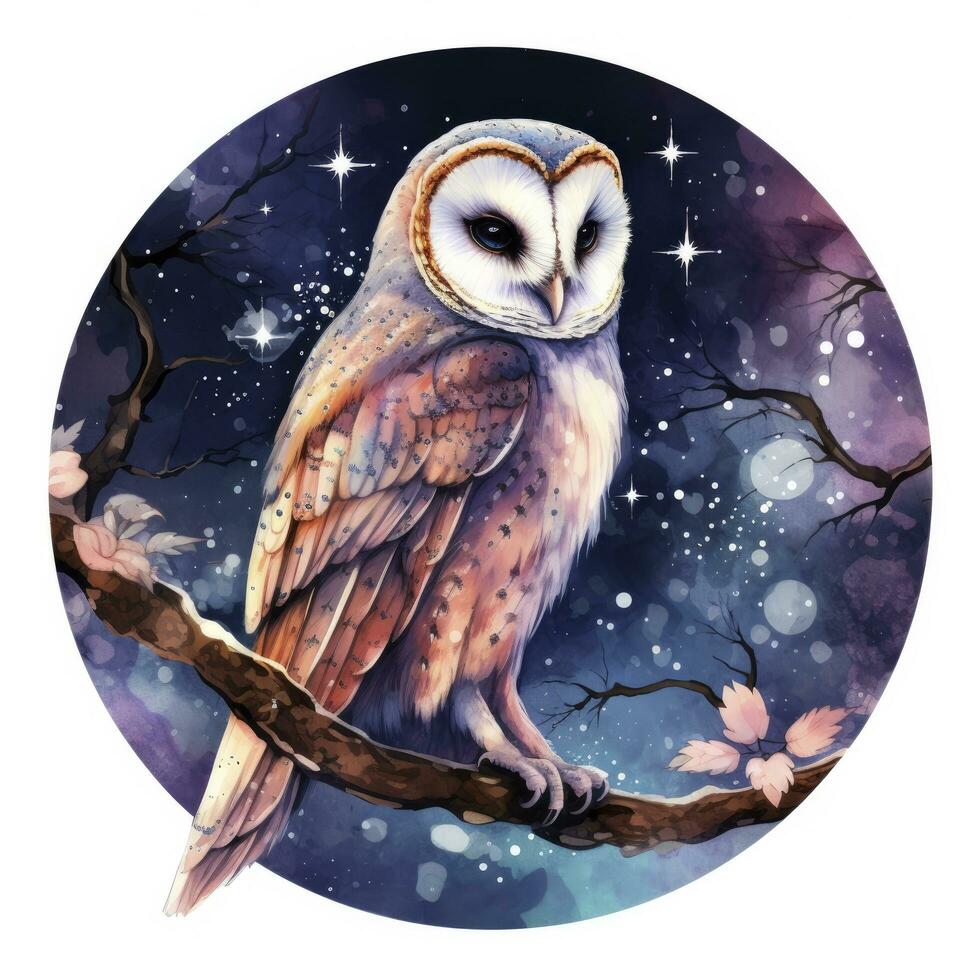 AI generated Watercolor magical owl sitting on a tree branch for T-shirt Design. AI Generated photo