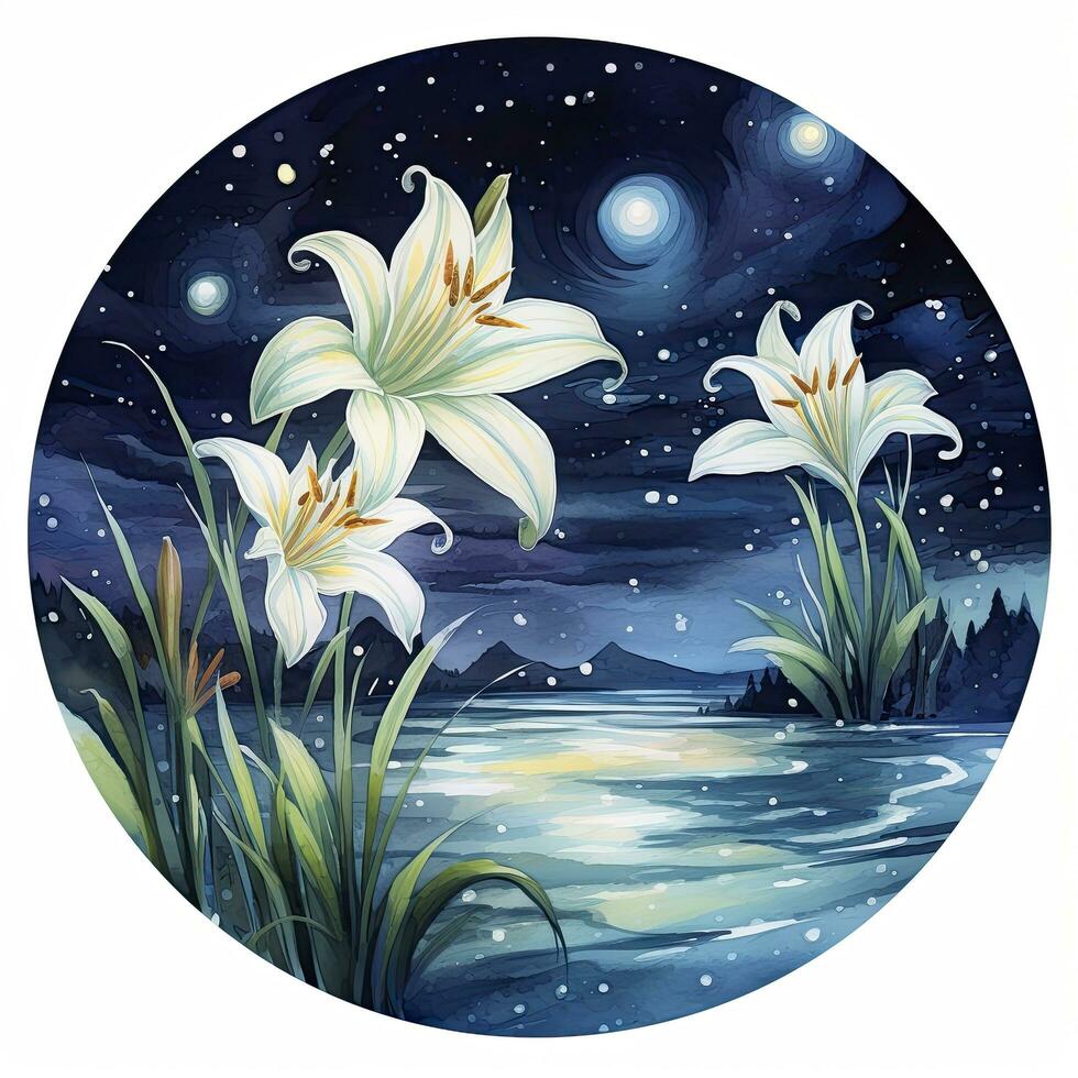 AI generated Watercolor fairy lilies blooming under a starry night sky on a white background. AI Generated photo