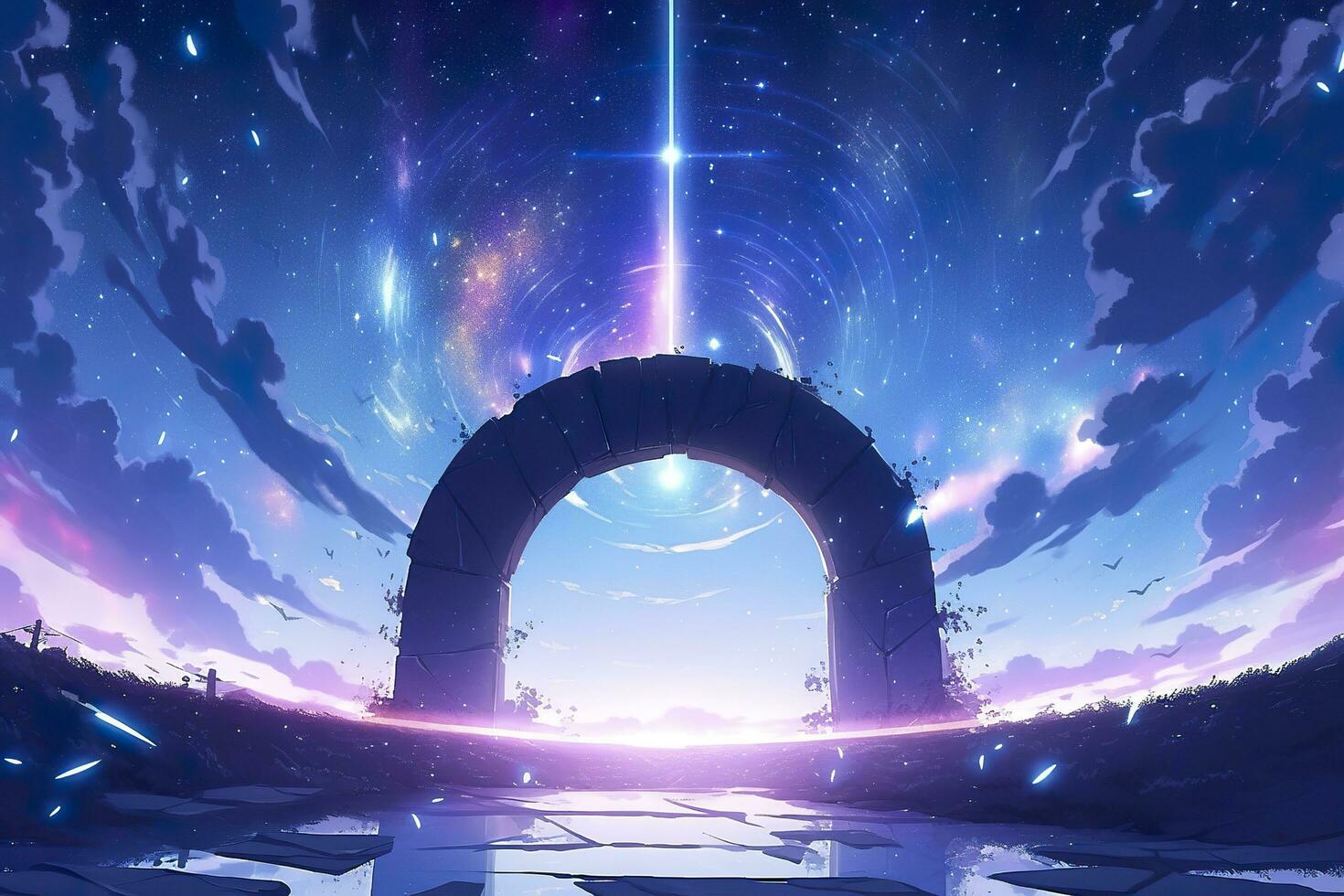 AI generated Portal to another world. Futuristic cosmic landscape with circle tunnel in starry sky. Generative AI photo