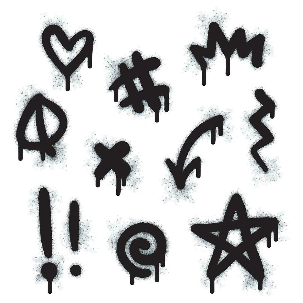 Graffiti drawing symbols set. Painted graffiti spray pattern of question mark, arrow, crown, star, fence and hand hitting. Spray paint elements. Street art style illustration. Vector. vector