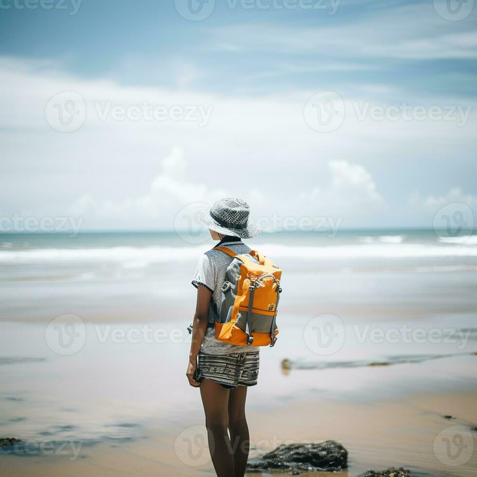 AI generated a photograph of traveler or backpaker in the beach with a many style and many angle photo