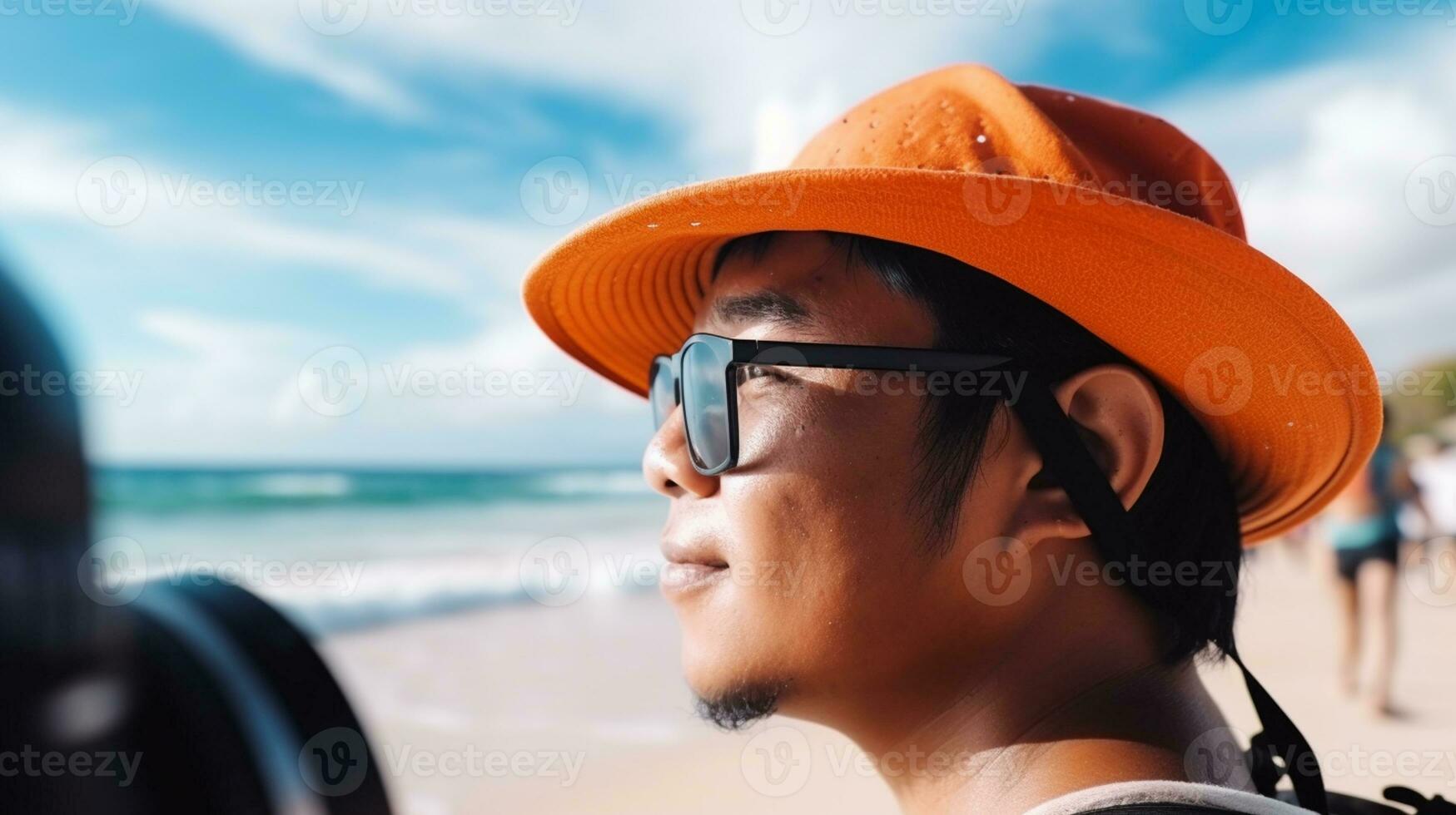 AI generated a photograph of traveler or backpaker in the beach with a many style and many angle photo