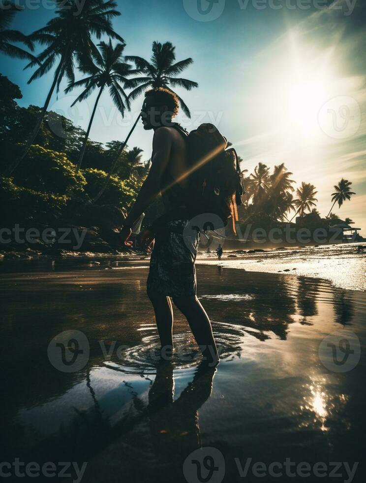 ai generado un fotografía de viajero o mochilero en el playa con un muchos estilo y muchos ángulo foto