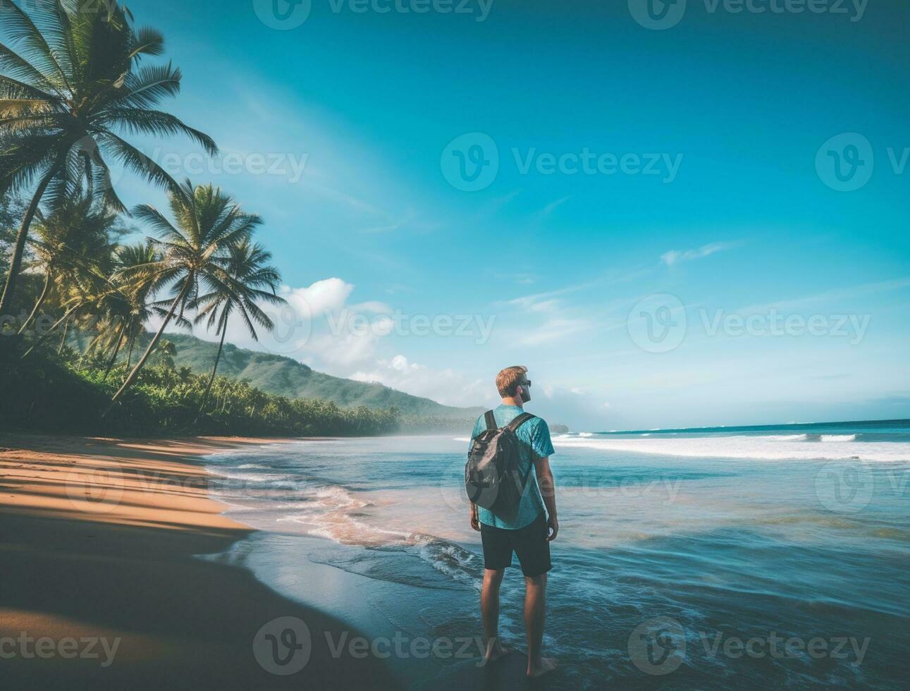 ai generado un fotografía de viajero o mochilero en el playa con un muchos estilo y muchos ángulo foto