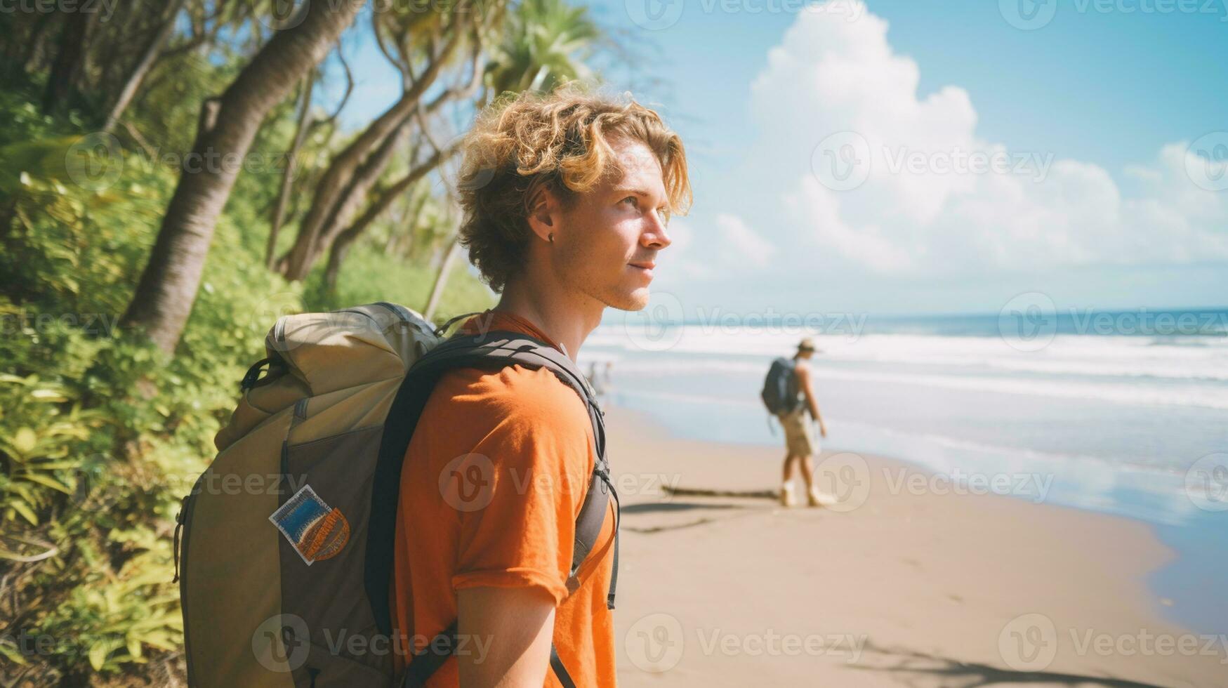 AI generated a photograph of traveler or backpaker in the beach with a many style and many angle photo