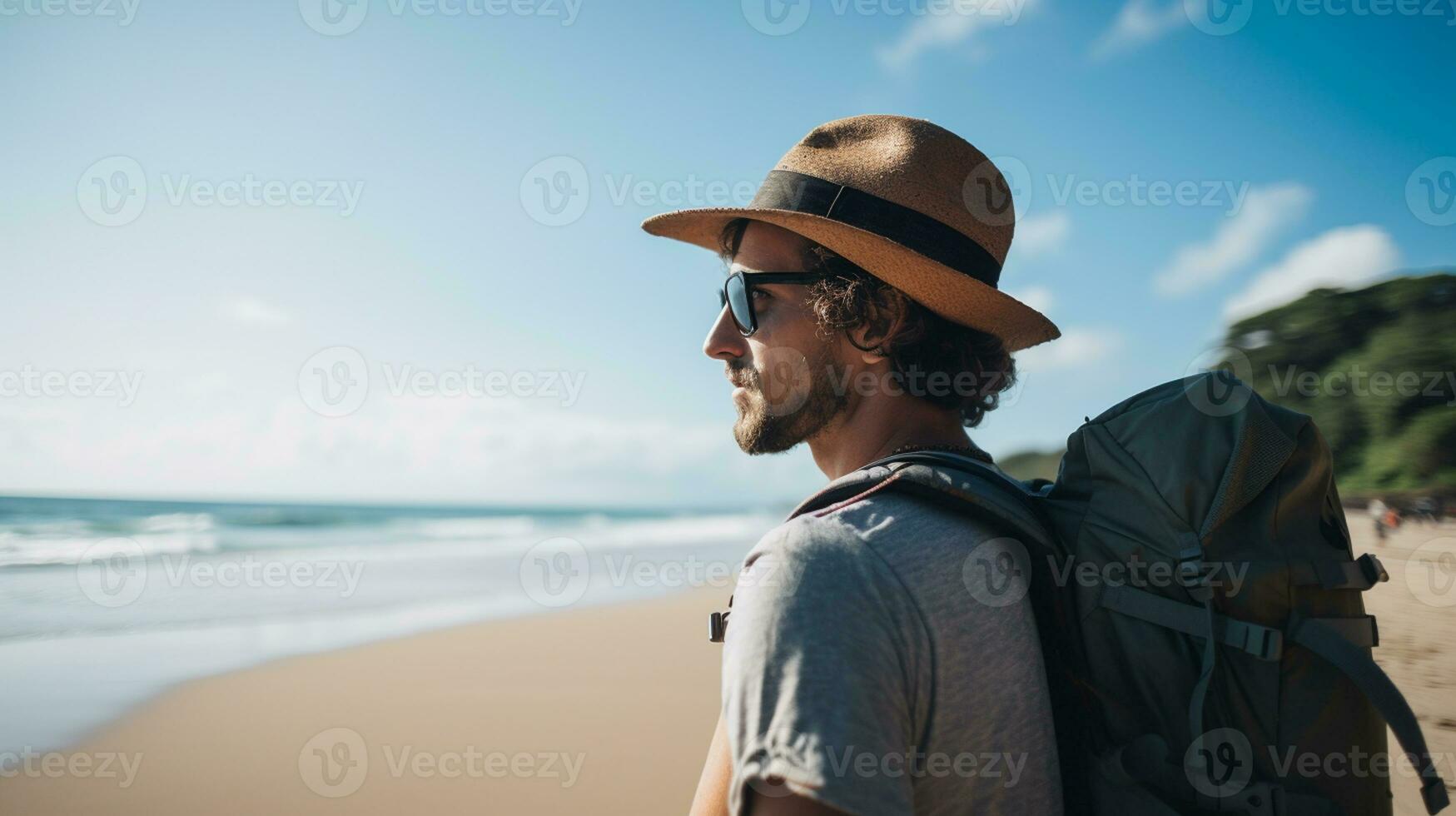AI generated a photograph of traveler or backpaker in the beach with a many style and many angle photo
