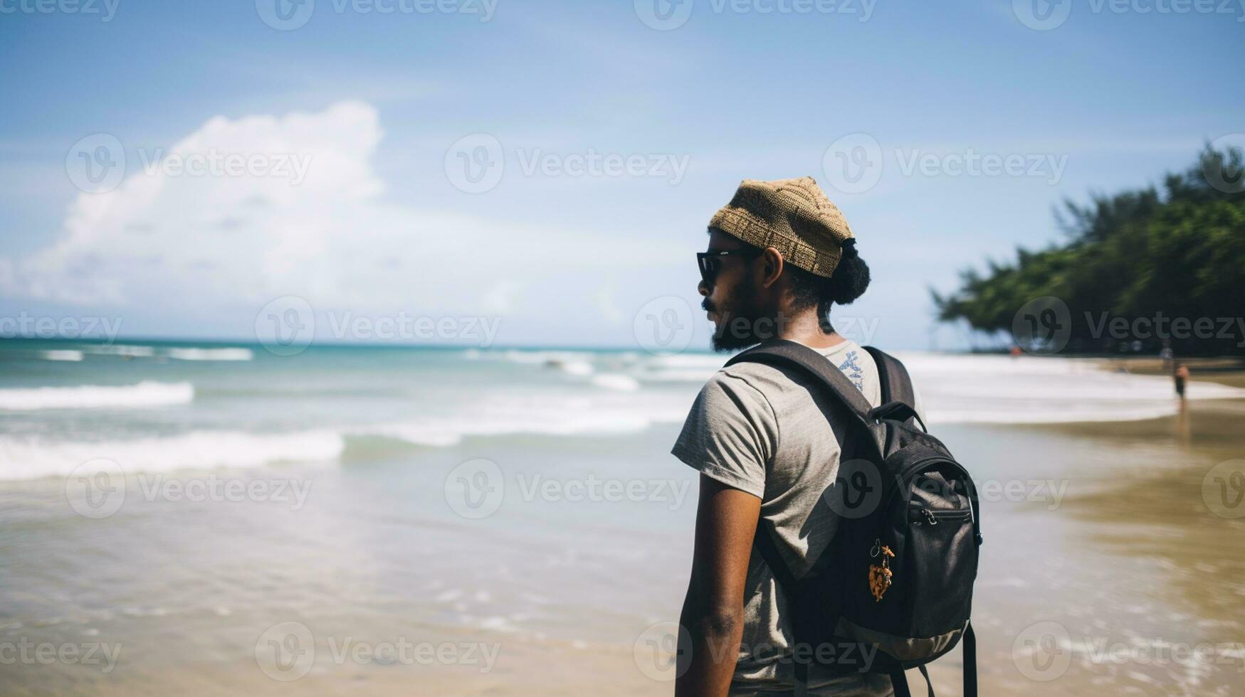 ai generado un fotografía de viajero o mochilero en el playa con un muchos estilo y muchos ángulo foto