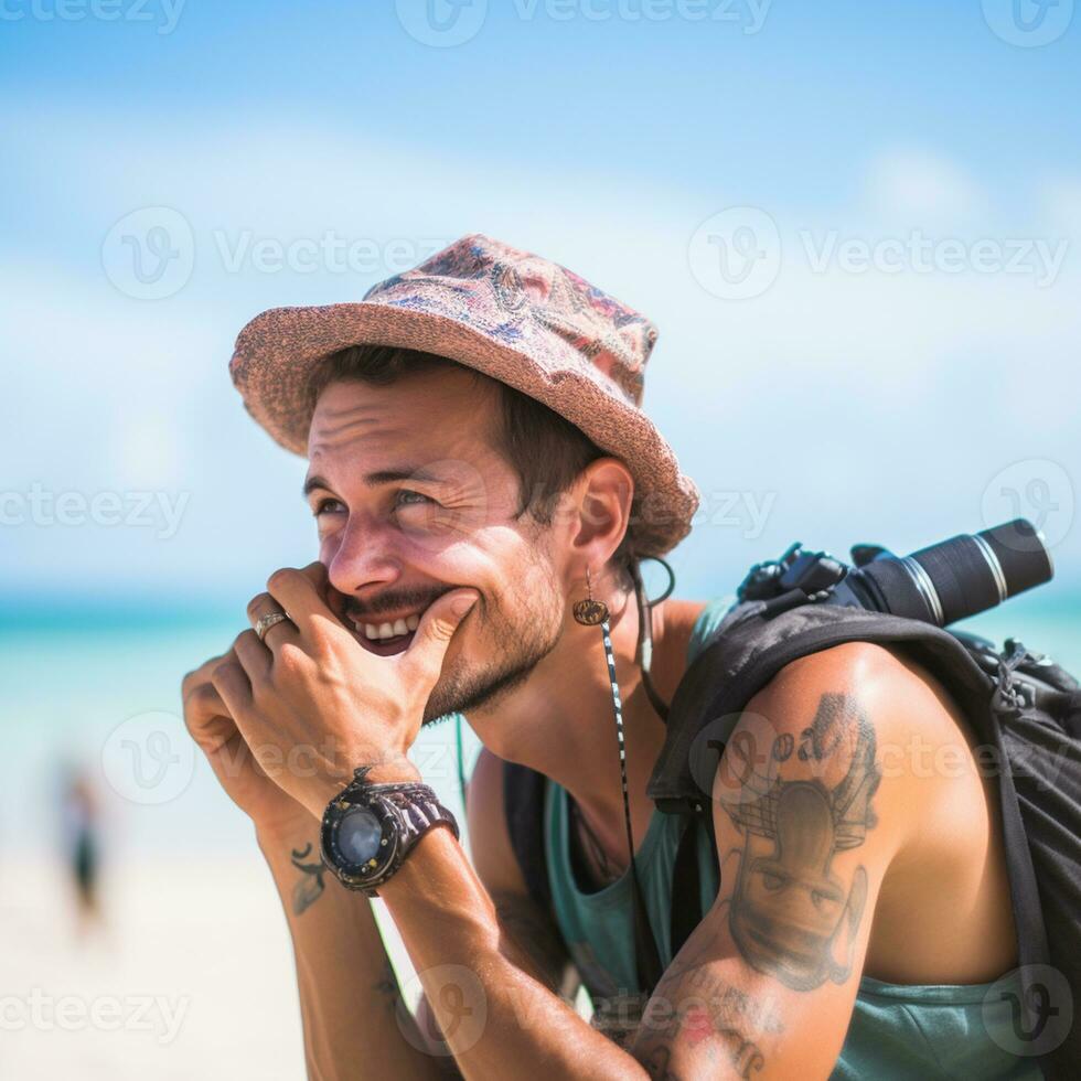 ai generado un fotografía de viajero o mochilero en el playa con un muchos estilo y muchos ángulo foto