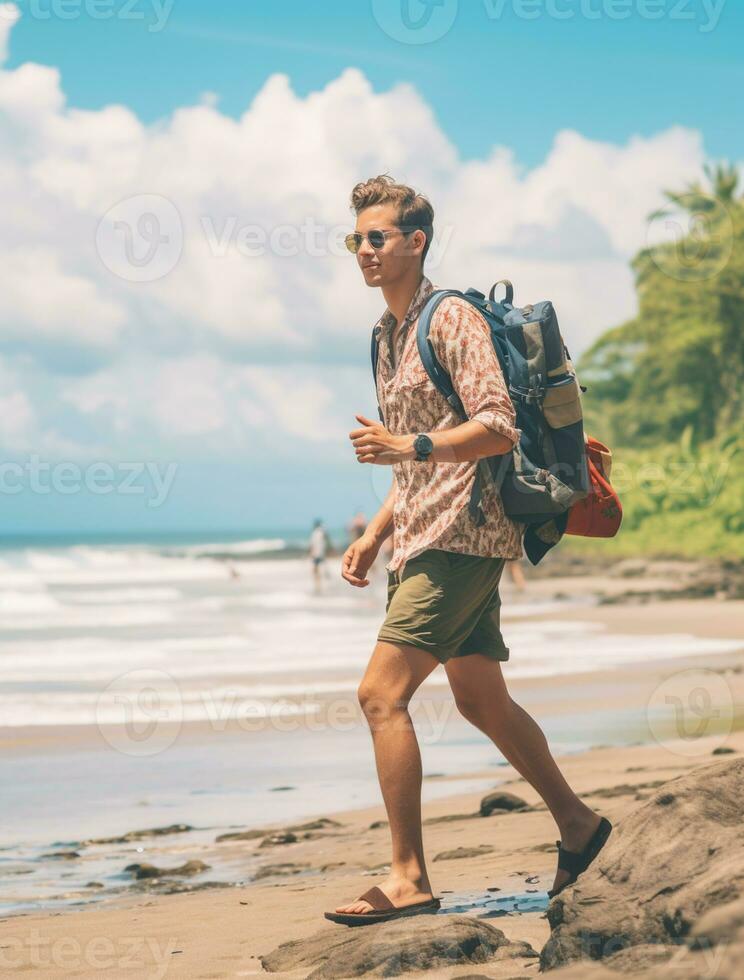 AI generated a photograph of traveler or backpaker in the beach with a many style and many angle photo