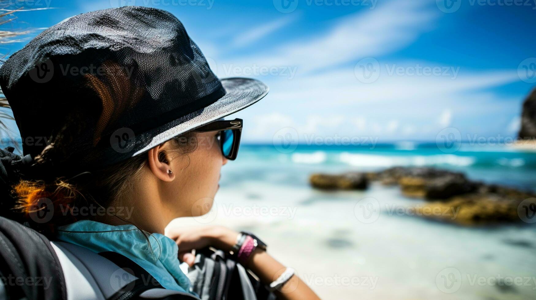 AI generated a photograph of traveler or backpaker in the beach with a many style and many angle photo